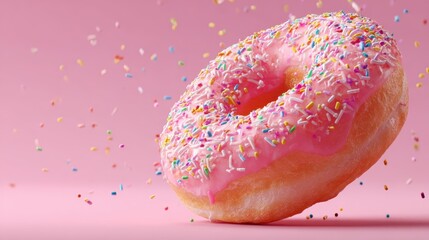 Pink frosted donut with colorful sprinkles floating or falling over a pastel background, symbolizing sweetness, celebration, fun, and dessert indulgence