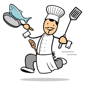 Cartoon Koch l&auml;uft mit Fisch in Pfanne