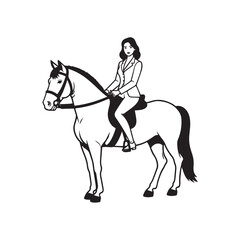 Black and white line art of a beautiful woman with perfect body riding horse elegant minimalist illustration