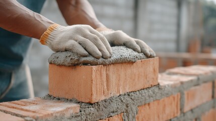 Skilled worker laying bricks with mortar in construction site, focused craftsmanship and attention to detail, building sturdy wall for future project progress