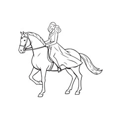 Black and white line art of a beautiful woman with perfect body riding horse elegant minimalist illustration