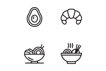 Food Icons Avocado Croissant Noodles in Bowls
