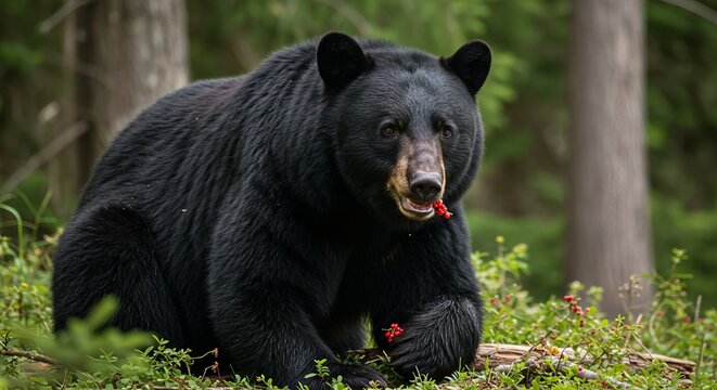 Majestic black bear foraging for berries in lush forest setting - Powered by Adobe