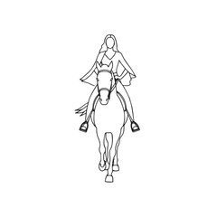 Black and white line art of a beautiful woman with perfect body riding horse elegant minimalist illustration