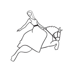 Black and white line art of a beautiful woman with perfect body riding horse elegant minimalist illustration