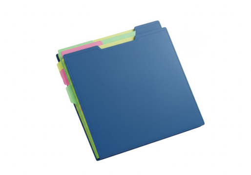 A blue binder with colorful dividers is presented as an isolated object on a transparent background for easy use isolated on transparent background