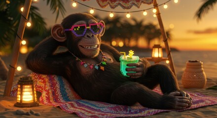 Chimpanzee relaxing on beach at sunset with cocktail.
