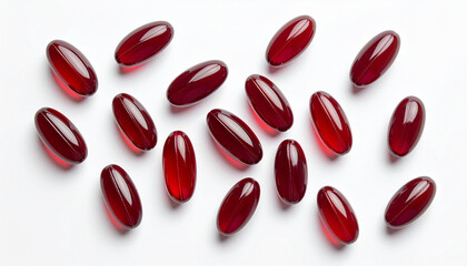 Astaxanthin_Red astaxanthin antioxidant softgel capsules supplement for nutritional wellness. healthy lifestyle care concept on white background