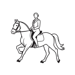 Black and white line art of a beautiful woman with perfect body riding horse elegant minimalist illustration