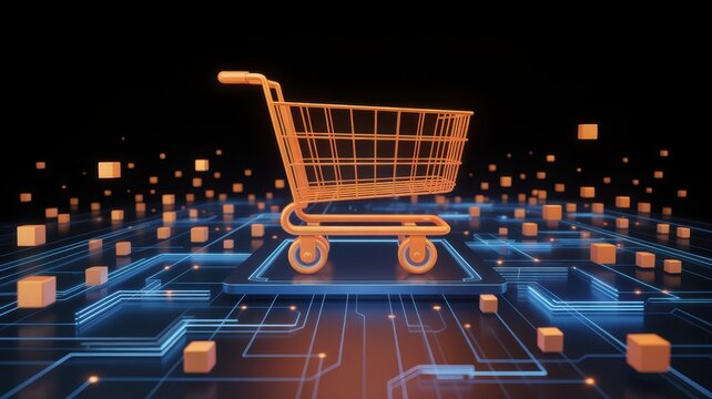 Digital Shopping Cart: An eye-catching golden shopping cart gracefully positioned atop a digital landscape of lines and cubes, illuminating the futuristic essence of online retail and modern commerce.