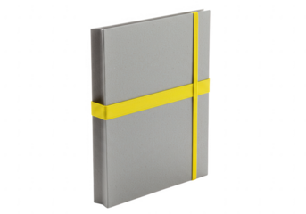 A closed grey notebook with a bright yellow elastic band securing it presented isolated on transparent background