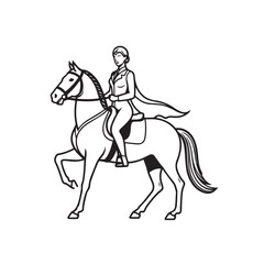 Black and white line art of a beautiful woman with perfect body riding horse elegant minimalist illustration