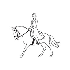 Black and white line art of a beautiful woman with perfect body riding horse elegant minimalist illustration