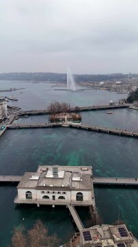 Vertical View Rhone with BFM and Jet dEau Cloudy Day