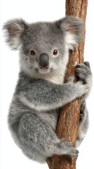 Naklejka premium Closeup of a cute koala joey clinging to a tree branch against a white background.