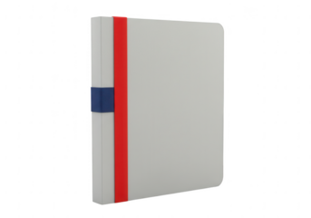 A closed light gray notebook with a red elastic band and a blue bookmark isolated on transparent background