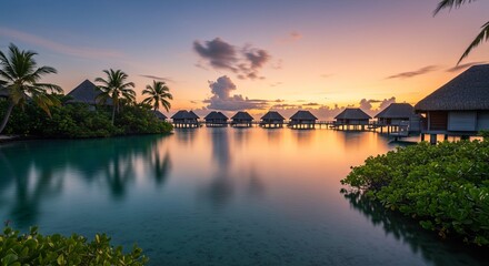 Serene overwater bungalows reflect vibrant sunset hues over tranquil turquoise lagoon