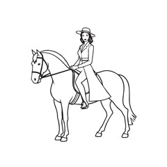 Black and white line art of a beautiful woman with perfect body riding horse elegant minimalist illustration