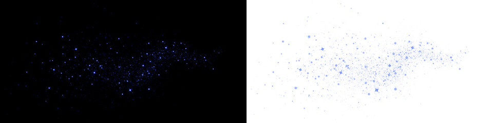 Blue glittering star overlay on a black background, creating a magical atmosphere, ideal for design projects, invitations, and festive celebrations with copy space