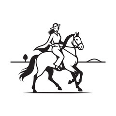 Black and white line art of a beautiful woman with perfect body riding horse elegant minimalist illustration