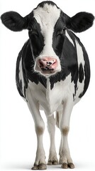 Close up portrait of a black and white cow standing against a plain white background. The cow is looking directly at the camera.