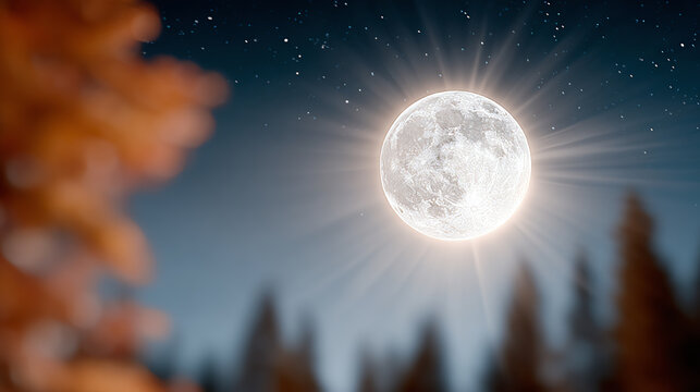 A breathtaking view of a full moon shining brightly over a serene forest landscape under a starry night sky.