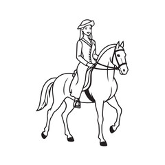 Black and white line art of a beautiful woman with perfect body riding horse elegant minimalist illustration