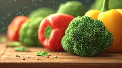 Fresh broccoli red pepper yellow pepper green vegetable healthy food clean eating kitchen wooden board diet for longevity joy