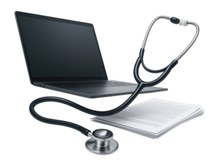 Laptop, stethoscope, and documents neatly arranged on a white table.