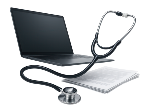 Laptop, stethoscope, and documents neatly arranged on a white table.