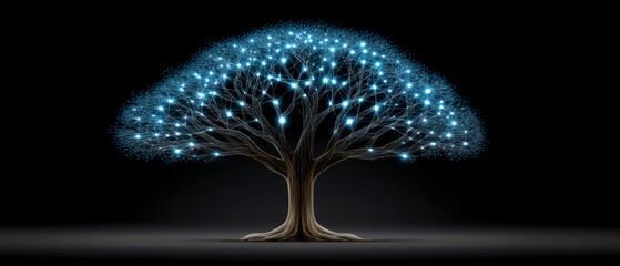 Digital Tree Representing Data Connection through Leaves Illumination Background