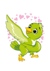 Cute happy green bird in a halo of hearts