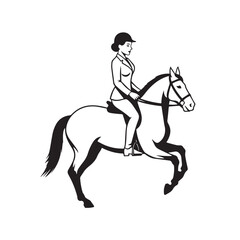 Black and white line art of a beautiful woman with perfect body riding horse elegant minimalist illustration