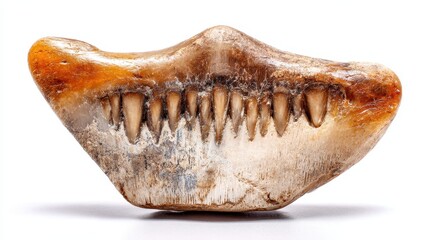 Naklejka premium Detailed view of an ancient fossilized jawbone, showcasing numerous small teeth set against a stark white backdrop. The bone is light brown and beige with darker gray accents.