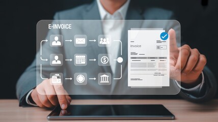 E-invoice: A person, likely a professional, navigates the future of finance, managing an e-invoice with futuristic digital technology.