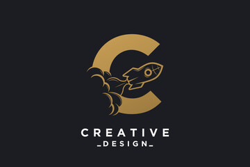 Rocket with letter C unique logo design Premium Vector