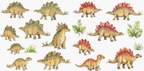 Watercolor illustration set featuring various Stegosaurus-like dinosaurs, including adults and babies, depicted in different poses alongside lush green foliage elements.