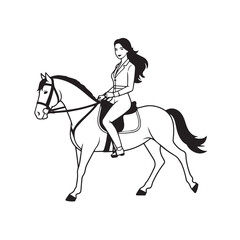 Fototapeta premium Black and white line art of a beautiful woman with perfect body riding horse elegant minimalist illustration