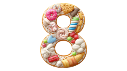 Number eight shaped dessert decorating with various candy, doughnut, macarons, strawberries, meringues, and sweets, symbolizing a birthday, anniversary, or special event, transparent background