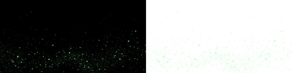 Green glittering particles overlay on black and white backgrounds, creating a magical atmosphere for design projects, enhancing visual appeal and creativity