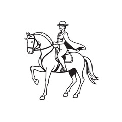 Black and white line art of a beautiful woman with perfect body riding horse elegant minimalist illustration
