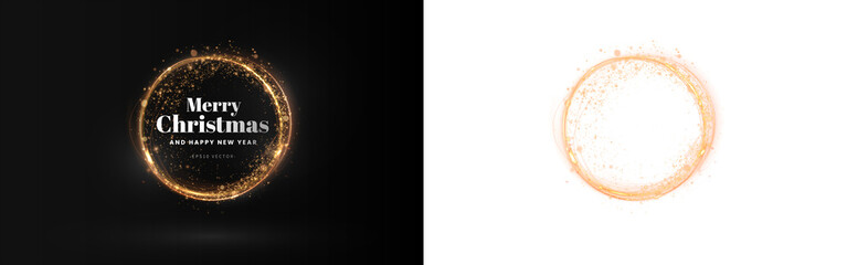 Sparkling golden circle with festive text wishing Merry Christmas and Happy New Year, set against contrasting black and white backgrounds, ideal for holiday celebrations and greetings