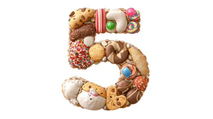 Number five created with an appetizing assortment of colorful candies, cookies, and chocolates, forming a sweet and fun dessert typography design on a transparent background