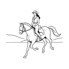 Black and white line art of a beautiful woman with perfect body riding horse elegant minimalist illustration