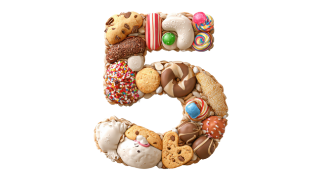 Number five created with an appetizing assortment of colorful candies, cookies, and chocolates, forming a sweet and fun dessert typography design on a transparent background