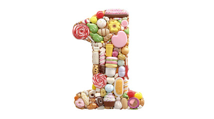 Number one shaped with a sweet collection of lollipops, donuts, macarons, cupcakes, candies, and colorful sweets, creating a sugary symbol of victory or celebration for events