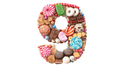 Number nine forming from a collection of colorful candies. Sweets. Chocolates. Lollipops. Cookies. And other confectionery items. Representing celebration. Birthdays