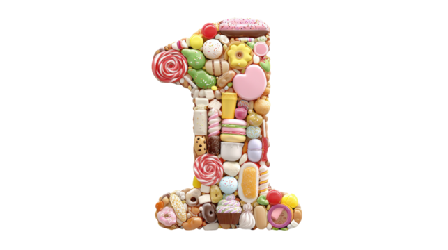 Number one shaped with a sweet collection of lollipops, donuts, macarons, cupcakes, candies, and colorful sweets, creating a sugary symbol of victory or celebration for events