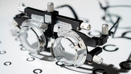 A device for measuring vision, a control frame, an optometrist, a test frame for checking vision, and a vision check. Glasses in a test frame can reveal the degree of myopia and hyperopia. The