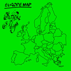 Vector outline map of Europe showing country borders on a green background. Simple line style illustration useful for education, infographic, geography, travel, and design projects.